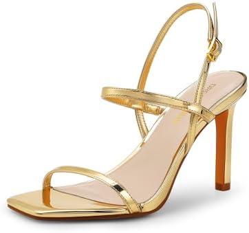 DREAM PAIRS Women’s Slingback Heels High Stilettos Open Square Toe Ankle Strap Pumps Sexy Comfort Strappy Dress Shoes Wedding Bridal Heeled Sandals, 6, Gold Pat