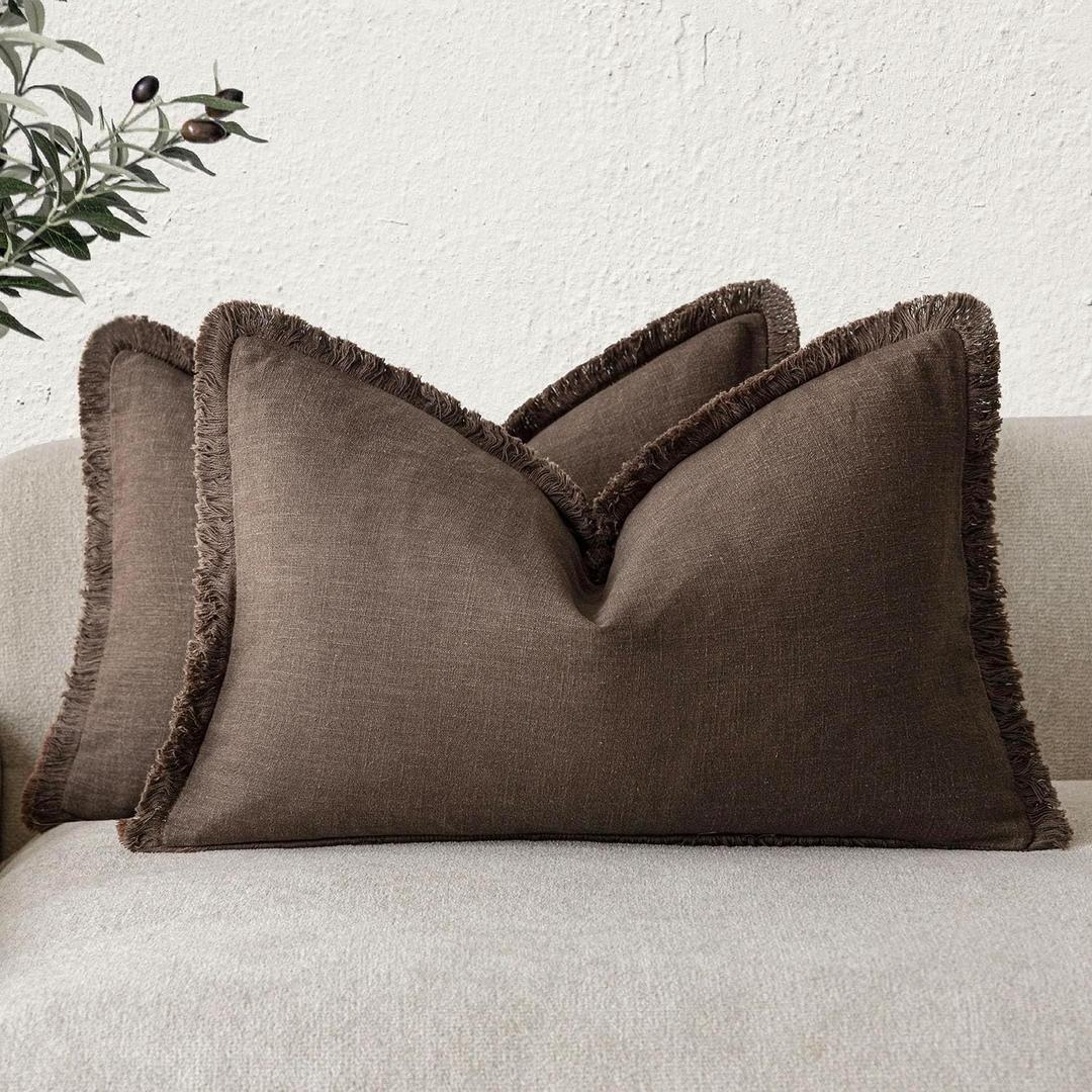 Foindtower Set of 2 Decorative Linen Fringe Throw Pillow Covers Boho Farmhouse Cushion Cover with Tassels Lumbar Accent Pillowcase for Bed Couch Living Room Home Bedroom Decor,1224 Inch,Reddish Brown