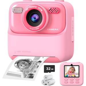 Kids Instant Digital Cameras for Boys and Girls, 1080P HD Dual-Lens Selfie Digital Camera with Print Paper & 32G Card, Christmas Birthday Gifts Toys for Toddler and Teenagers Age 3-16 Years Old (Pink)