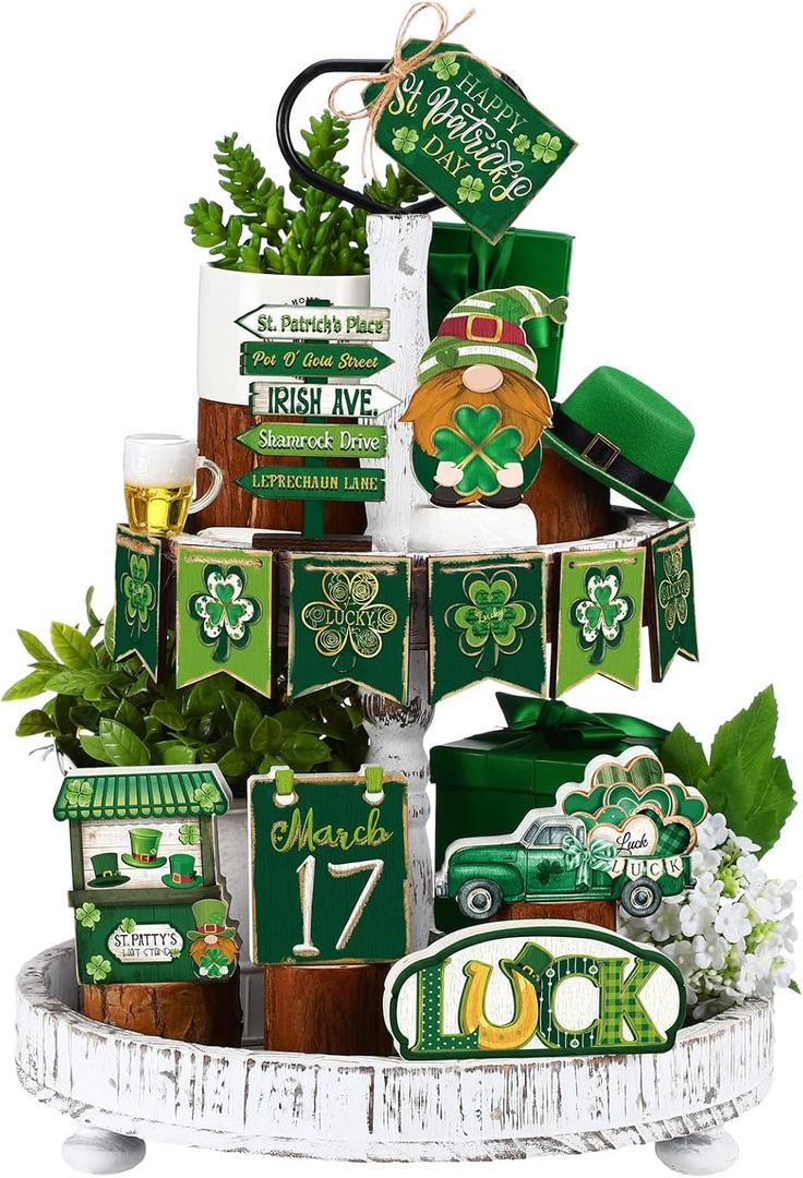 13 Pcs Valentines Day Tiered Tray Decor St. Patrick's Day Reversible Wooden Table Sign Double Sided Gnome Truck Lucky Love Irish Wooden Blocks for Table Centerpiece Farmhouse Decorations