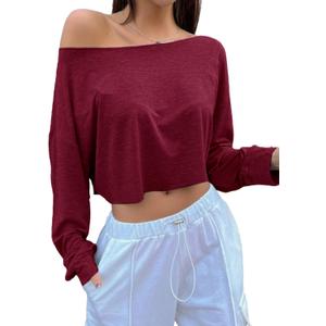 SOFIA'S CHOICE Women's Sexy Off Shoulder Long Sleeve Crop Tops Boat Neck Loose Asymmetrical Tops Burgundy Red Medium