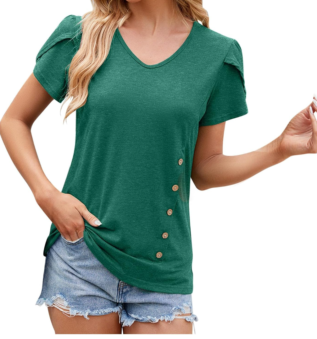 Vislily Womens Summer Tops Casual V Neck T Shirts Trendy Petal Short Sleeve Button Decor Tunics Blouses Tee Tunics 1XL