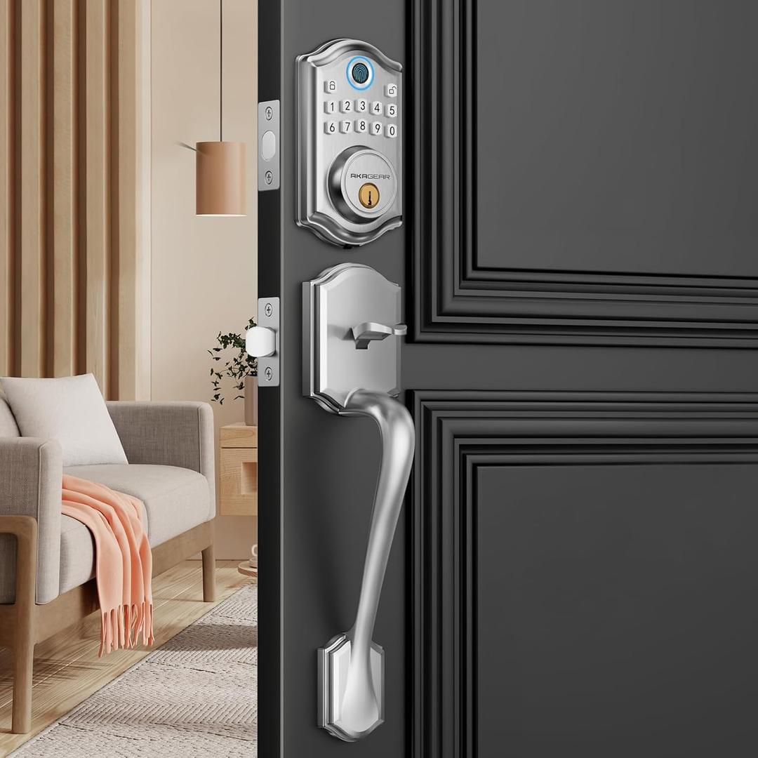 AkaGear DS10 Keyless Entry Door Lock with Handle Set - Fingerprint Door Locks, Electronic Keypad Deadbolt, Smart Locks for Front Door, Auto-Lock & One Touch Locking, Easy Installation - Satin Nickel