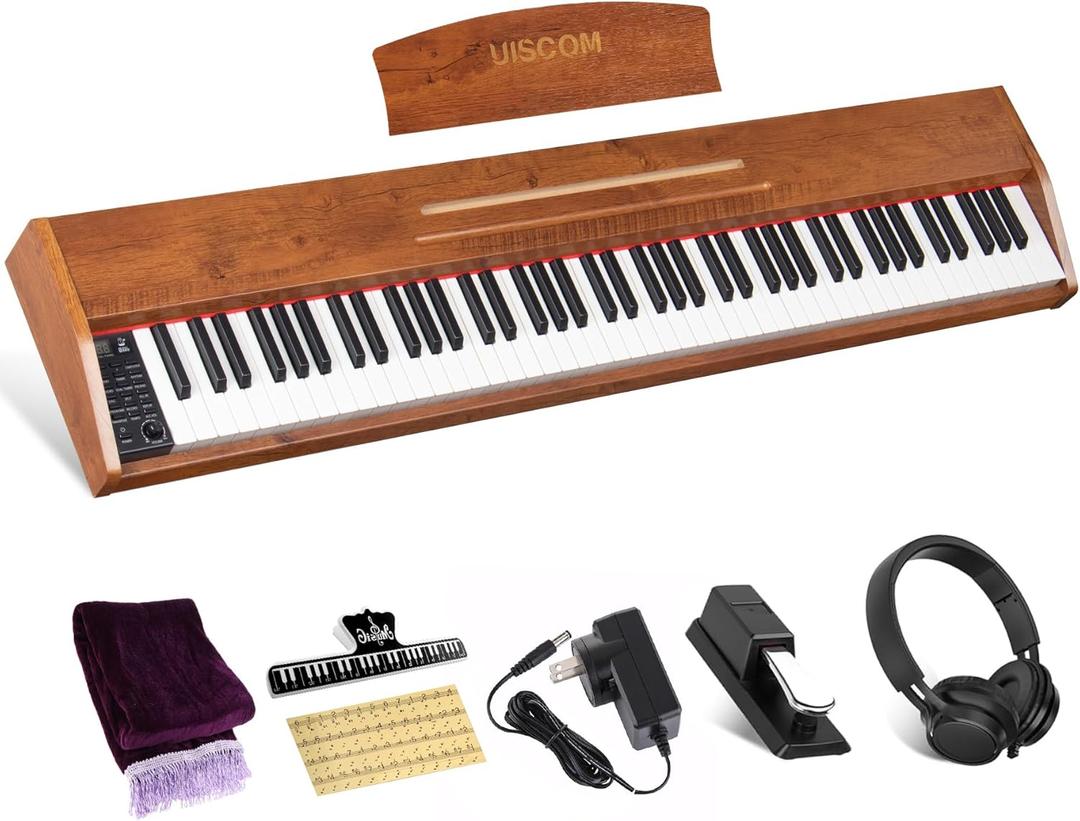 UISCOM 88 Key Digital Piano Keyboard for Beginners,Full Size Electric Piano Semi-Weighted Keyboard with Sheet Music Stand,Pedal,Headphone,Power Adapter,USB-MIDI Compatibility,Wood Grain Brown