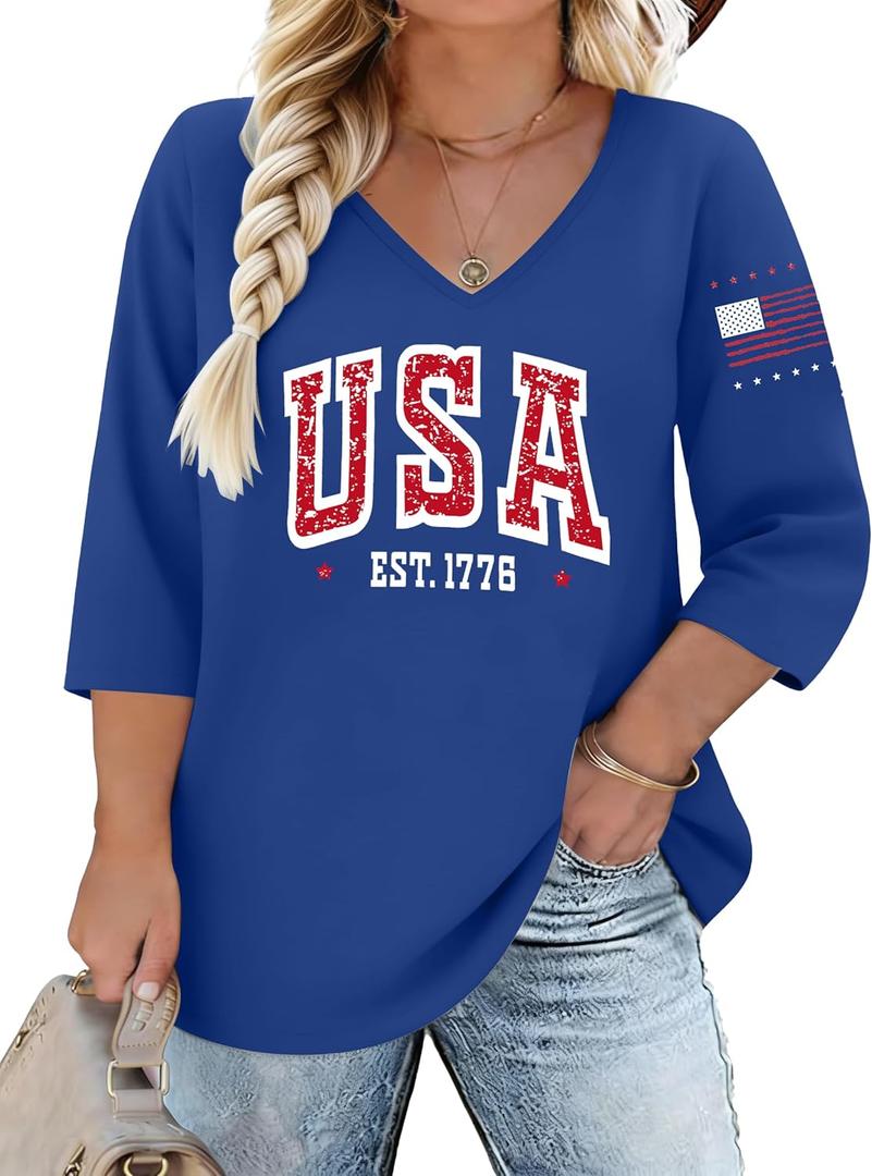 Plus Size 4th of July Shirts Women 250th Anniversary USA Shirt 1776 American Flag Patriotic Tee V Neck 3/4 Sleeve Tops (5XL, Blue)