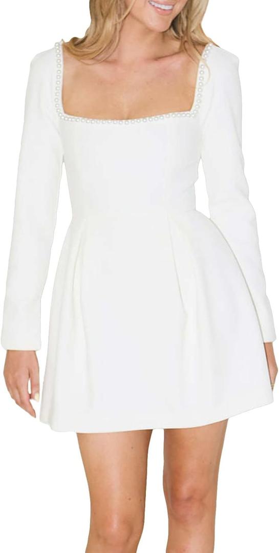 Women's Long Sleeve Mini Dress Pearl Square Neck Ruffle Hem Short Dress Bride Party Club Elegant Dresses (Medium, White)