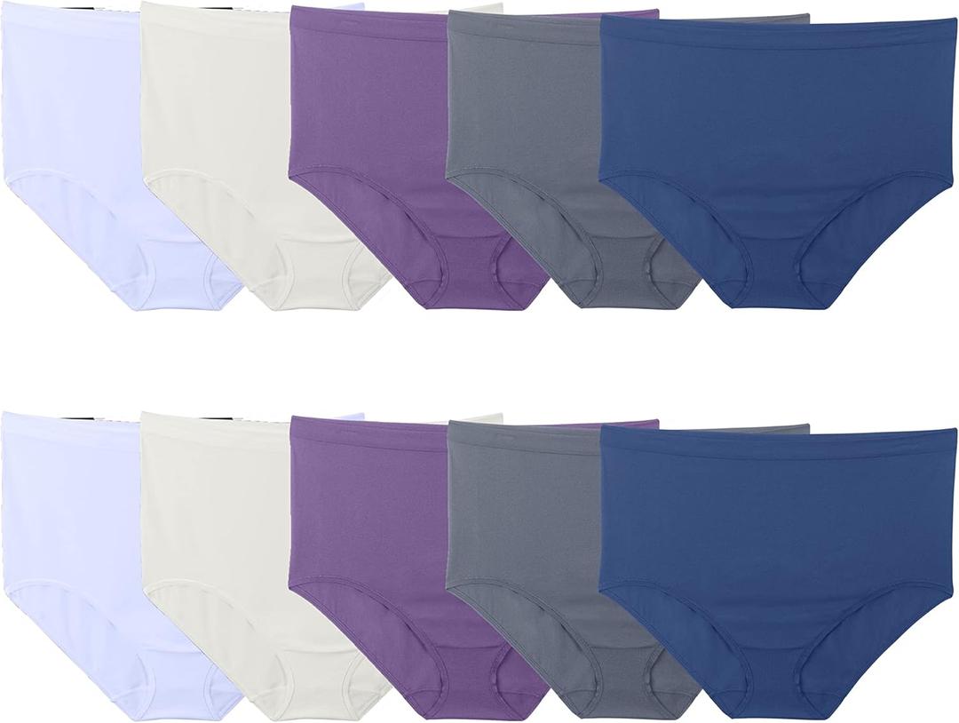 Fruit of the Loom Women's Fit for Me Plus Size Assorted Seamless Brief Underwear, 10 Pack (11 Plus, Plus Size Brief - 10 Pack - Blue/Purple/Grey)