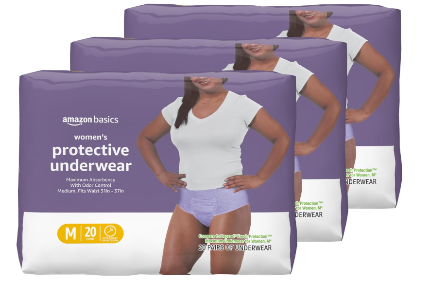 Basics Incontinence Underwear for Women, Protective, Disposable, Postpartum, Maximum Absorbency, Medium, Lavender, 60 Count (3 Packs of 20)