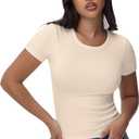 Womens T Shirts Basic Short Sleeve Crew Neck Slim Fit Tees Summer Workout Casual Bodycon Tops 2025 (Beige, L)