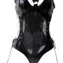 SINROYEE Women’s Teddy Bodysuit Sexy Lace Up Leather Pu Nightshirt Nightout One Piece ClubwearSexy cosplay Lingerie (Black, XL)