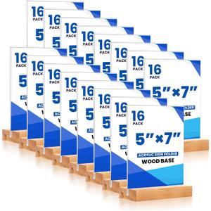 16 Pack 5x7 Acrylic Sign Holder with Wood Base Vertical and Slant Displays, Clear Plastic Flyer Display Stand, Paper photo Table Menu Sign Frame Suitable for Restaurants, Office, Store, Hotels