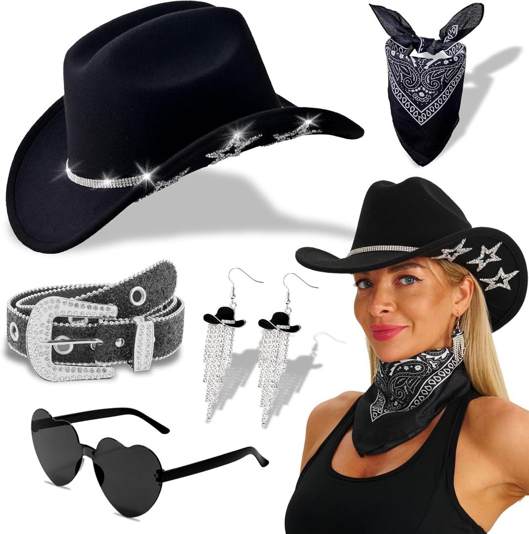 Cowboy Hat for Women Men with Sparkly Stars Brim & Rhinestone Belt and Heart Sunglasses Bandana Cowboy Hat Earrings (Black)