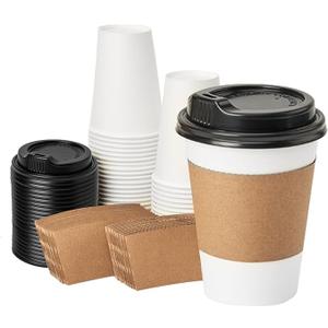RACETOP 12 oz 50 pack Disposable Paper Coffee Cups with Lids and Sleeves