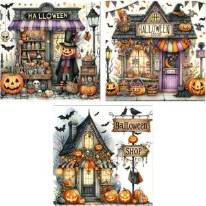 3 Pack Diamond Art Kits for Adults, Halloween Pumpkin Bat Shop Diamond Painting Kits for Adults, 5D DIY Round Full Drill Gem Art Paint With Diamonds Dots Crafts Kits for Home Decor Gift 14x14inch