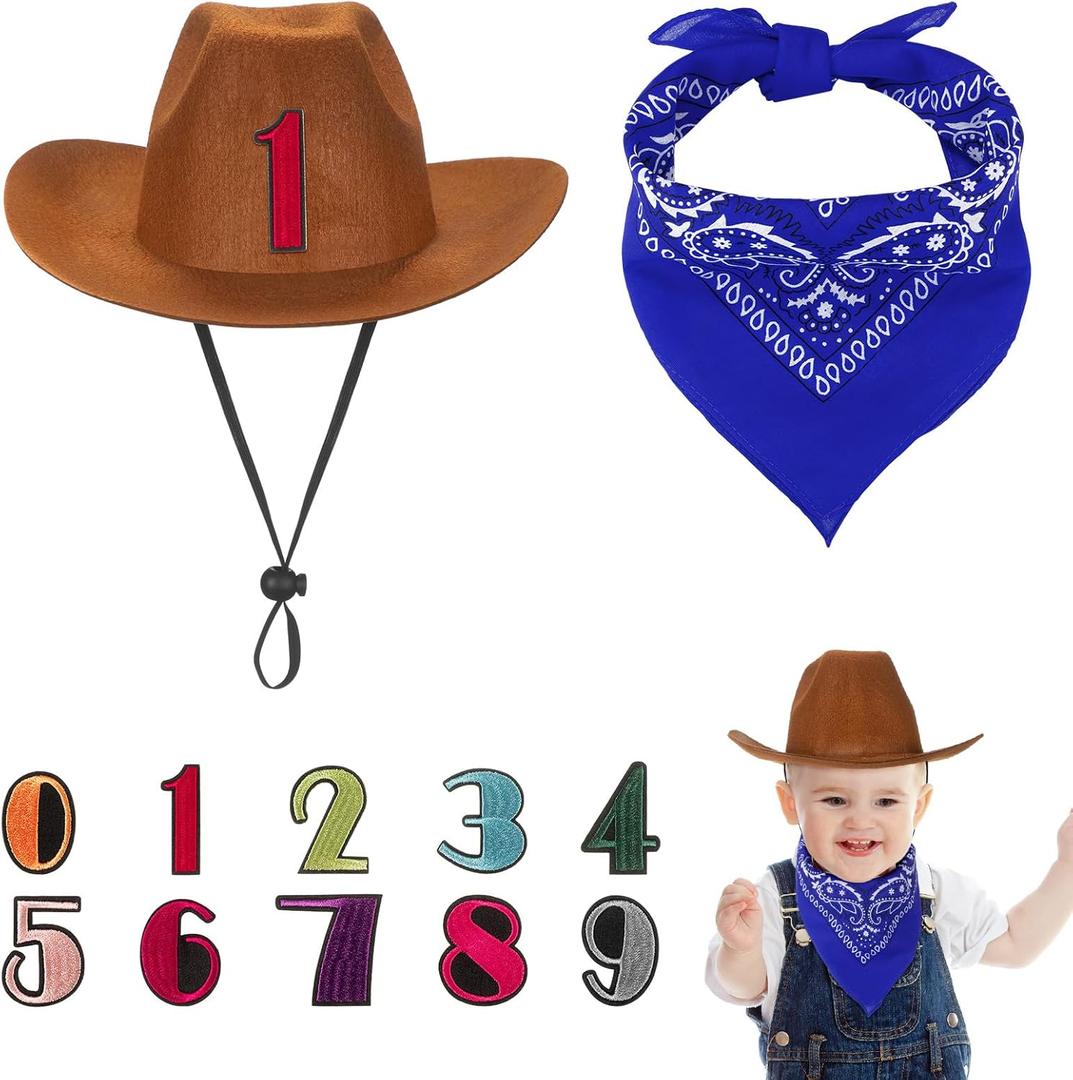 3 Pcs Cowboy Birthday Party Hat and Bandanas with 0-9 Numbers Infant Baby Hat Kid Western Costume Accessories (Blue)