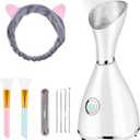 Facial Steamer for Facial Deep Cleaning, Moisturize, Unclog Pores, Face Spa, Nano Ionic Humidifier, Home Facial Warm Mist Face Steamer with Blackhead Removal Kit, Brush, Hair Band (7 Piece Set)