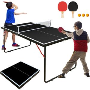 4.5/6ft/9ft Mid-Size Portable Ping Pong Tables Set, Foldable Table Tennis Table with Net,2 Paddles & 3 Balls, Professional MDF Tables for Indoor/Outdoor Multi-Use Free Standing Ping Pong Table (Black)