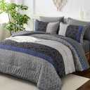 Dinjoy Full Size Comforter Sets,Gray Blue Boho Bedding Set Soft 7 Piece Bed in a Bag Striped Comforters with Sheet Set Microfiber Complete Sets with Plaid for All Season