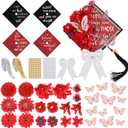 Dunzoom 40 Pcs DIY Graduation Cap Decorations Kit Artificial Flowers Inspirational Cardstock 3D Butterfly Stickers Ribbon Bow Rhinestone Stickers for Grad Cap Topper Graduation Party(Red)