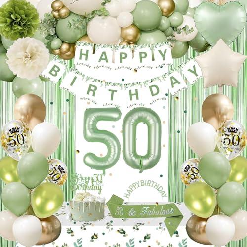 50th Birthday Decorations for Women, Sage Green 50th Bday Decorations for Her Happy Birthday Banner Green Gold Balloons Crown Sash Fringe Curtain Tablecloth Cake Topper for Her Bday Decor