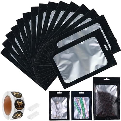 150-pack 6 x 9 in Mylar Bags with Clear Window Resealable Foil Pouches for Food Storage Smell Proof Black Edible Packaging Zip Bag for Cookies, Jewelry and Small Business, Thank You Stickers