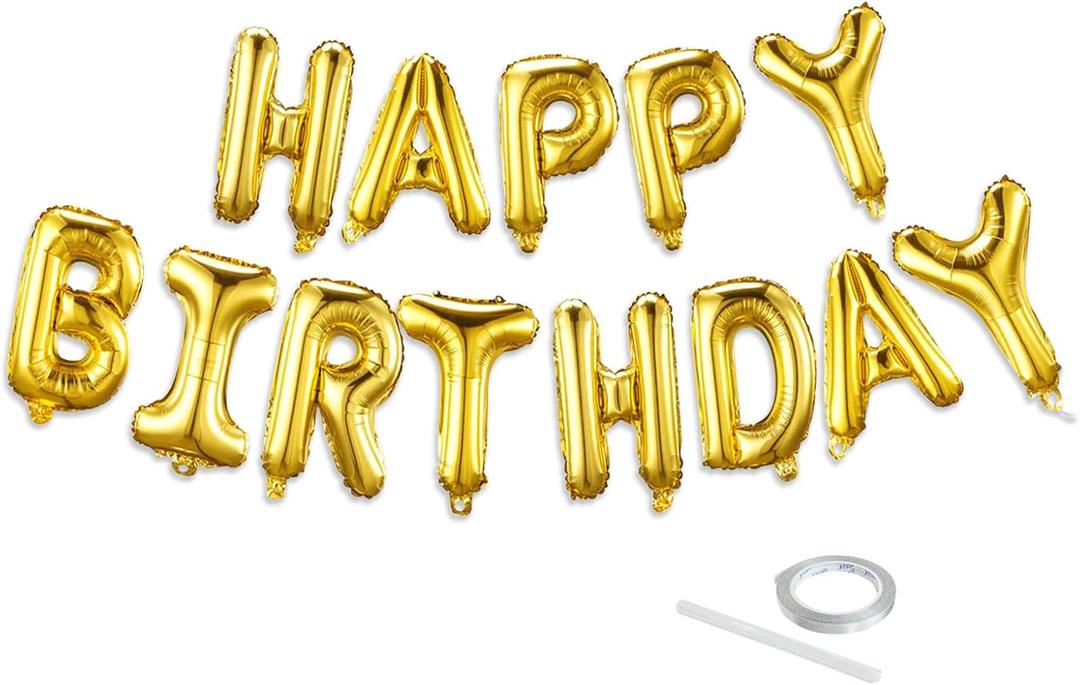 Gold Happy Birthday Balloon Banner Set -16 Inch Foil Letters Balloons, Reusable Birthday Decorations and Party Supplies, Suitable for Men and Women's Birthday DecorationsParty Backdrop