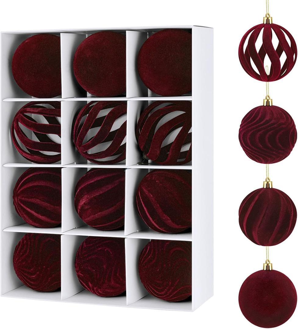 12Pcs 2.36in Velvet Christmas Tree Balls Ornaments Plastic Flocked Shatterproof Handmade Hanging Decoration Plush Balls Sets for Christmas (Burgundy)