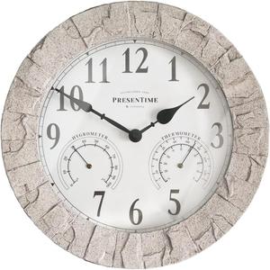 Presentime & Co Sandstone Outdoor Clock with Thermometer & Hygrometer as All in one Weather Station, 14", Coastal Sandstone Finish. Weather Thermometer, Outdoor Décor, Wall Décor.