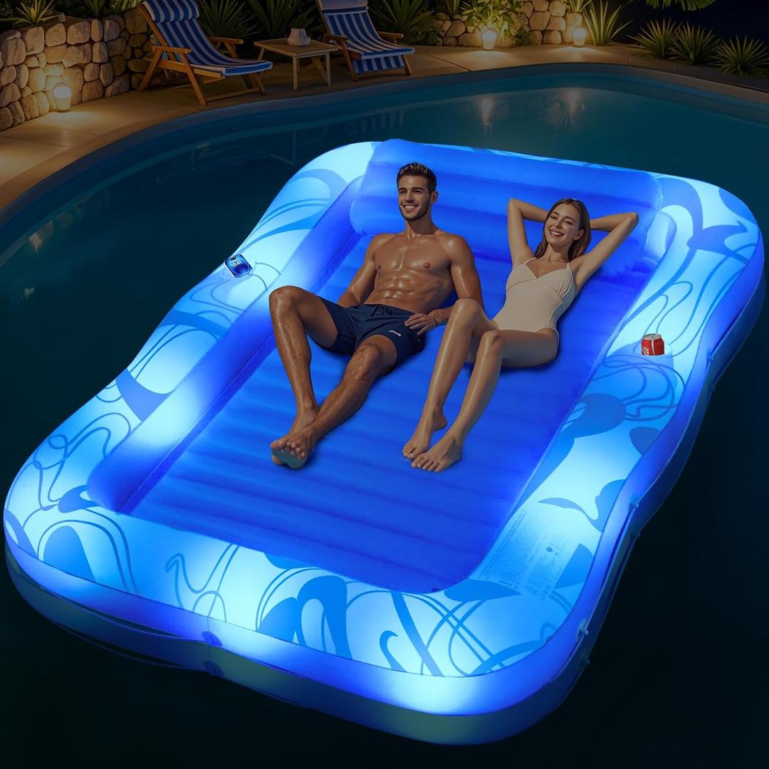 Inflatable Tanning Pool Lounger with Lights,81"x 60" Large Tanning Floats for Adults, Swirls Pool Lounger Float,Blow Up Tanning Water Bed with Cup&Phone Holder,Adults Tanning Pools for Backyard