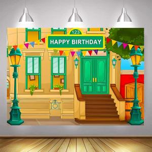 Photography Background Happy Birthday Cartoon Street Theme Brick Wall Children's Baby Party Baby Shower Decoration Banner Props Vinyl 7x5 ft