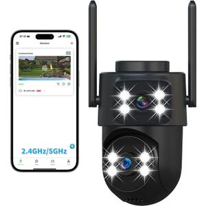 2K 5GHz Dual Lens Outdoor Security Camera, 360 PTZ, AI Detection & Auto Tracking, Color Night Vision, 24/7 Recording, IP65 Waterproof, 2-Way Audio, Supports 128GB microSD (SD Not Included)