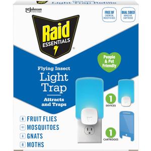 Raid Essentials Flying Insect Light Trap Starter Kit, 1 Plug-In Device + 1 Cartridge, Featuring Light Powered Attraction
