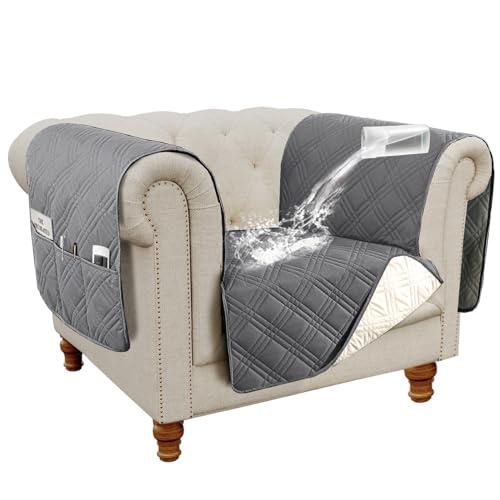 H.VERSAILTEX 100% Waterproof Chair Covers for Living Room Armchair Modern Couch Cover with Extra Long Armrest Cover Furniture Protector Cover for Pets Kids Children Dog Cat(Chair, Grey/Beige)