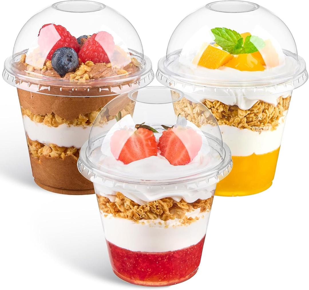 Qeirudu 50 Pack 9 Oz Clear Plastic Dessert Cups with Dome Lids No Hole, Small Parfait Cups Mini Round Party Serving Cups for Ice Creams, Cakes, Fruits, Snacks