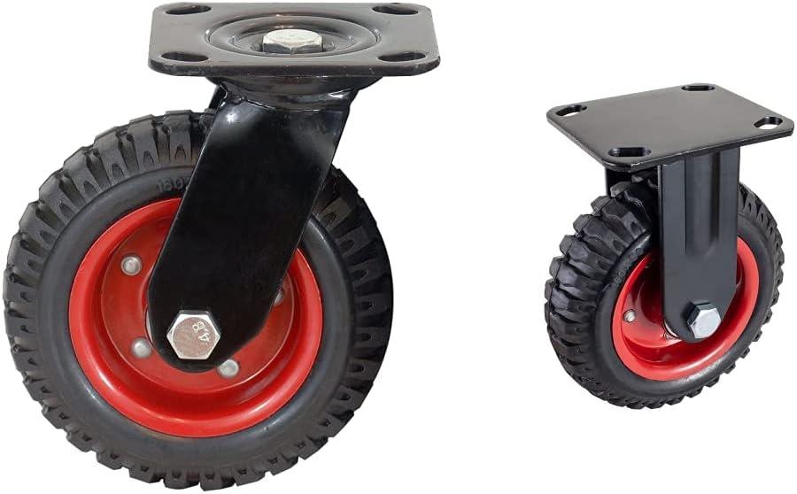 POWERTEC 8 Inch Heavy Duty Swivel and Fixed Caster Wheels Industrial Plate Casters Bundle with Rubber Knobby Tread, 2pk