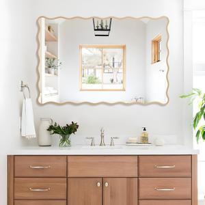 Wavy Bathroom Mirror 24" x 36" Rectangle Scalloped Mirror for Wall Decor, Bathroom Vanity, Bedroom, Living Room, Entryway(Natural)