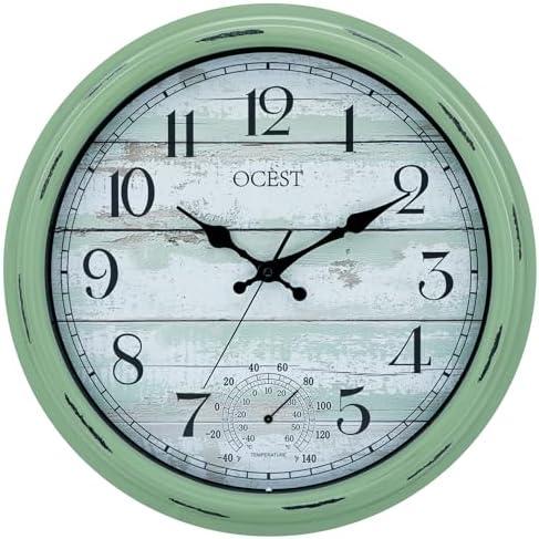 OCEST 16 Inch Indoor Outdoor Clock, Waterproof Large Wall Clock with Thermometer, Silent Non-Ticking Battery Operated Decor for Patio Pool Porch Garden Garage（Retro Green）