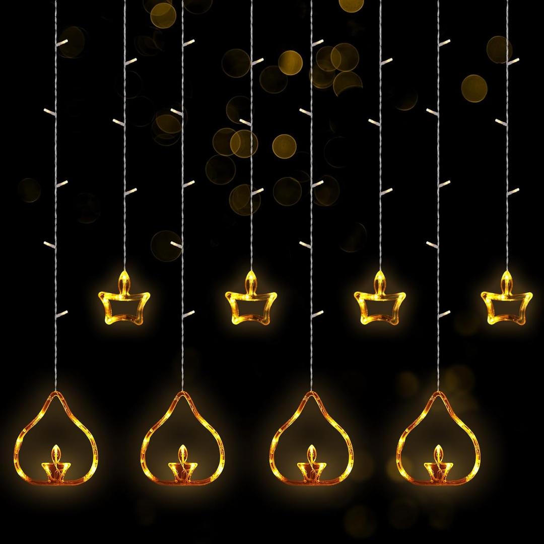 Riakrum 2 Pcs 8.2 ft Diya Lights Diwali String Lights Curtain 120 LED Lights Indoor Light Lamps for Diwali Decorations for Home Wall Window Indian Wedding Garden Bedroom Outdoor Christmas Party Gift