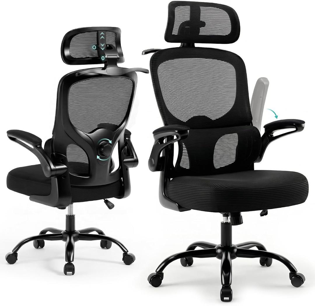 330Lbs Ergonomic Office Chair with 3D Headrest, Home Office Desk Chairs with Adjustable Lumbar Support,Flip-up Armrests, Thickened Cushion Breathable Mesh Design for Long-time Sitting