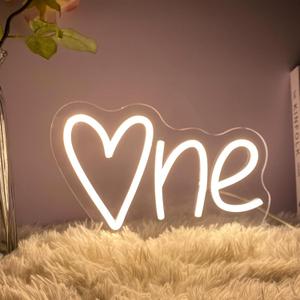 One Neon Sign for First Birthday, LED Neon Lights One Table Number Neon Light Lamp for Home Birthday Party Decor Photo Prop Christmas Gift, 11.81" x 7.24", Warm White (O-Heart-Shaped)