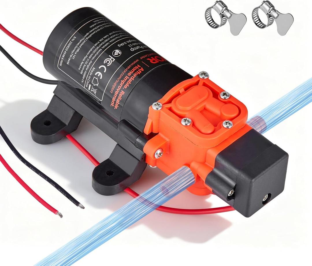 VEVOR Water Pressure Pump, 12V DC 1.2 GPM (4.5 L/min), 2-Chamber Self-Priming Diaphragm Water Pump with 2 Hose Clamps, 80 PSI Max Pressure, Quiet Operation, for RV, Caravan, Marine, Garden Irrigation