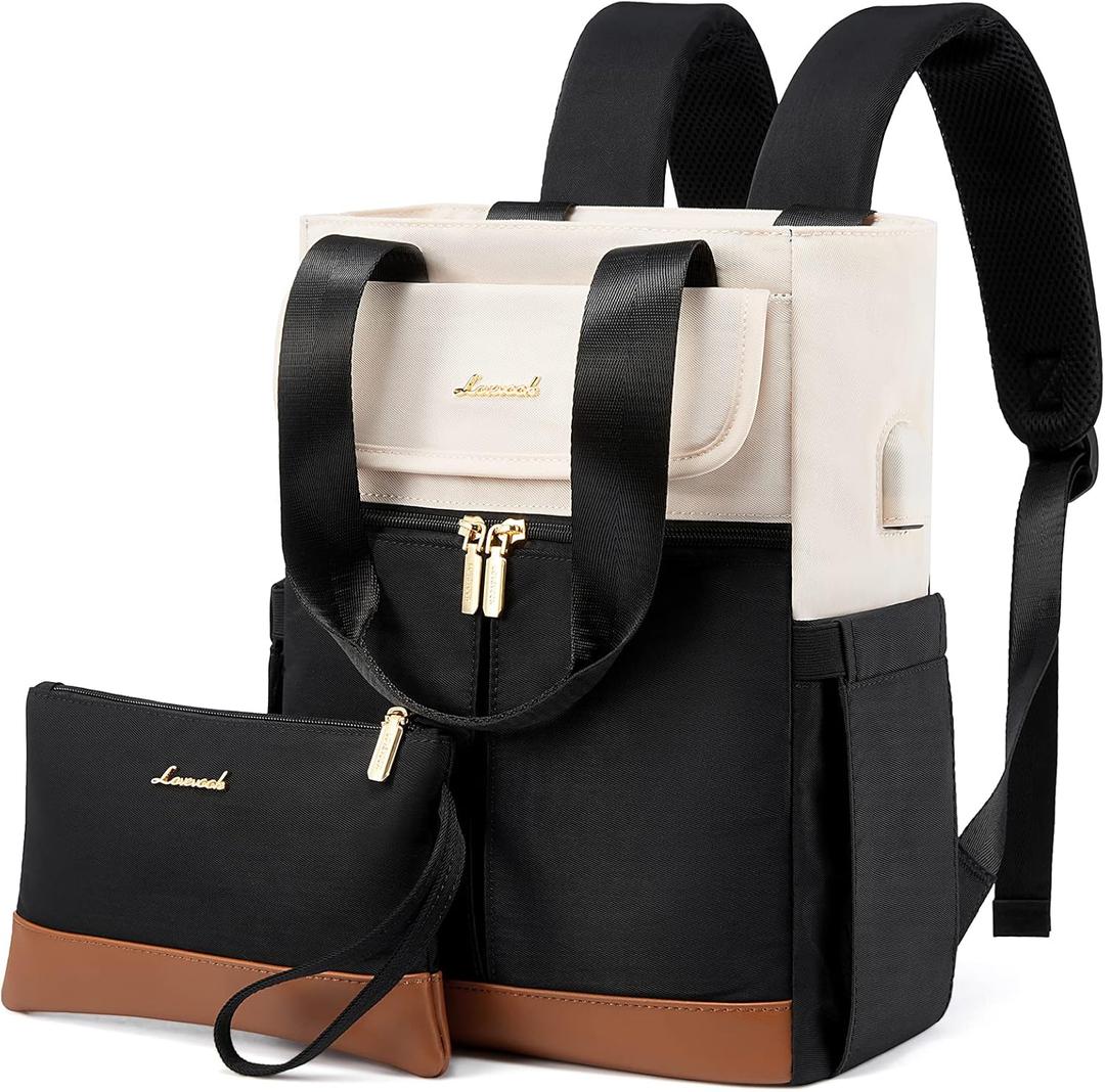 LOVEVOOK Backpack Purse for Women, Convertible Mini Backpacks Tote for Teen Girls, Small College Bookbag for Work, School, Travel, 2pcs set, Black-Cream (14 Inch)