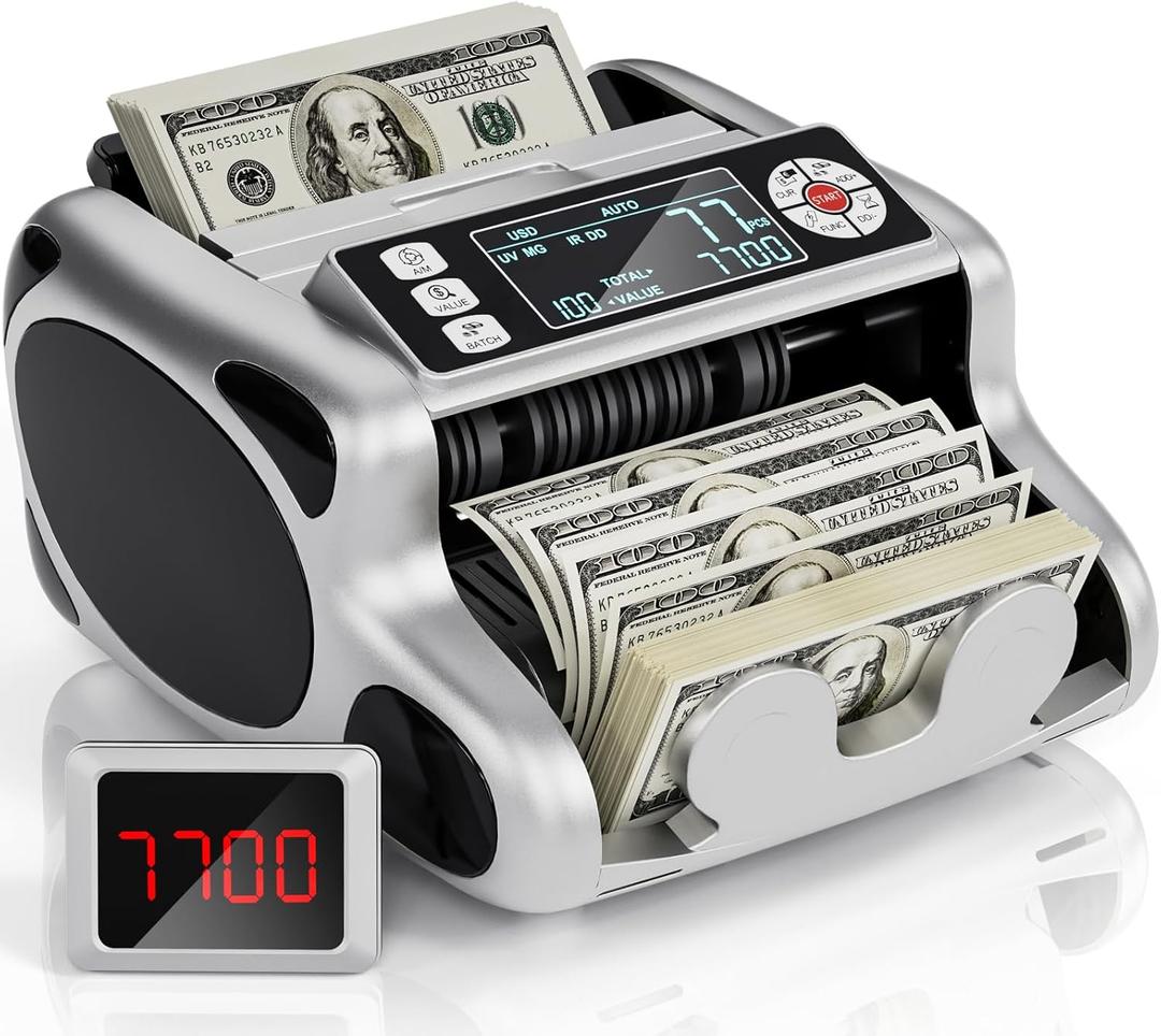 Money Counter Machine, Dollar, Euro Value Count UV/MG/IR/DD/VI/FA Pro Grade Cash Counterfeit Detectors with Backlit LCD Display, Add/Batch/Auto/Manual Modes Money Counting Machine (Silver)