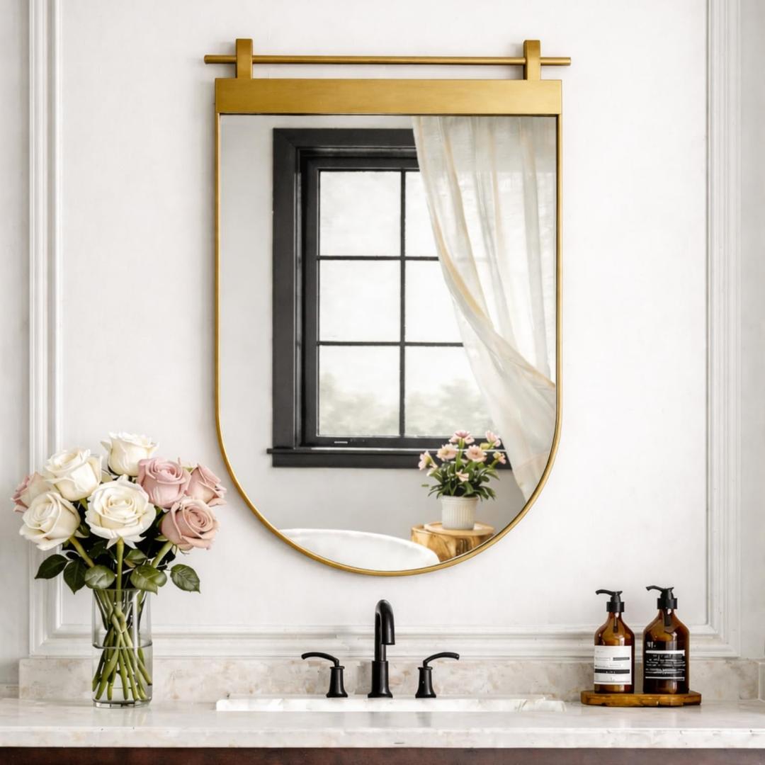Gold Arch Bathroom Mirror 36" x 24" Brushed Gold Metal Frame Barn Door Mirrors Farmhouse Bathroom Vanity Mirror for Over Sink, Entryway, Dining Room Wall Decor