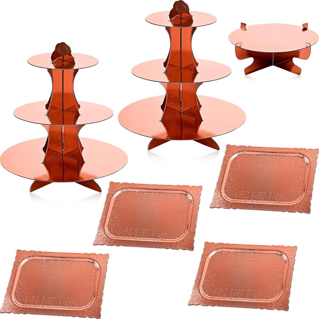 Zopeal 7 Pieces Cake Stand Set 3-Tier Cardboard Cupcake Stand 1-Tier Cupcake Display Round Rectangle Serving Tray Reusable Platters Cupcake Holders for Desserts Birthday Party(Rose Gold)