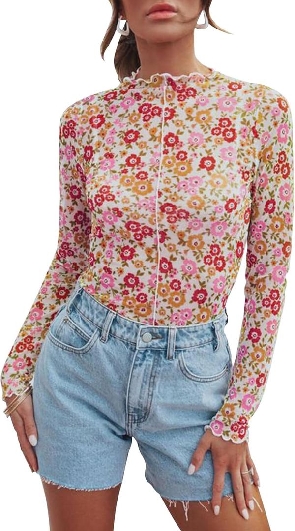 Women's Sheer Floral Long Sleeve Layering Top Ruffled Mock Neck Sheer Blouse for Casual Brunch Party Club Night Date Outfits (Floral Pink White)
