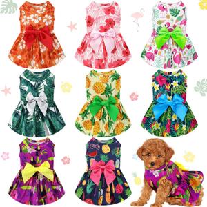 LEIFIDE 8 Pcs Summer Themed Hawaii Dog Dresses Holiday Flamingo Fruit Floral Pattern Pet Skirts Hawaii Puppy Princess Dresses Outfits Bowknot for Girl Dogs Cats Beach, (XS)