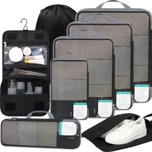 BAGAIL 4 Set/6 Set/8 Set Compression Packing Cubes Travel Accessories Expandable Packing Organizers (Half Mesh, 8-Jet Black)