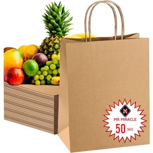 57 Lb Large Kraft Paper Grocery Bags with Handles - 50 Count 12 x 17 x 7 - Durable, Reusable & Eco-Friendly Shopping Bags, Brown Kraft Take-Out Bags for Retail, To-Go, Any Occasion (50, With Handles)