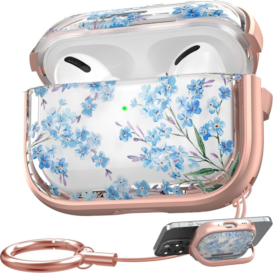 Maxjoy for AirPods Pro 2nd/1st Generation Case, Cute Flower AirPod Pro 2 Case with Safety Lock Hard iPod Pro Cover for Women Girly with Keychain for AirPod Pro Cover(2023/2022/2019), Blue (Blue + Rose Gold)